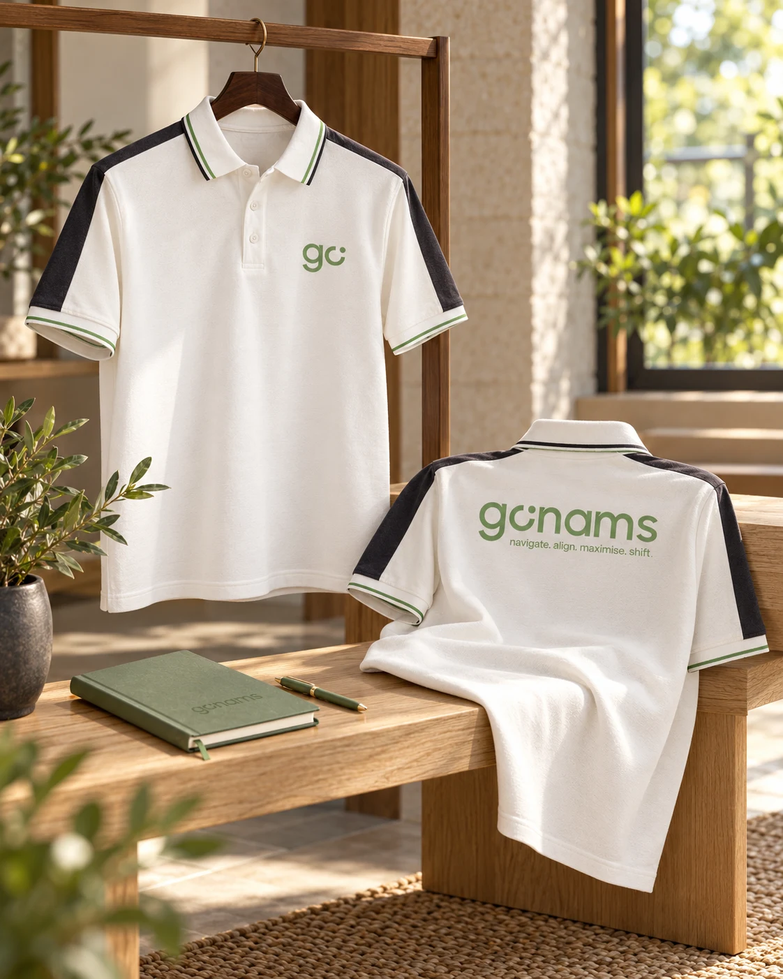 Front and back GONAMS polo applications photographed without a model