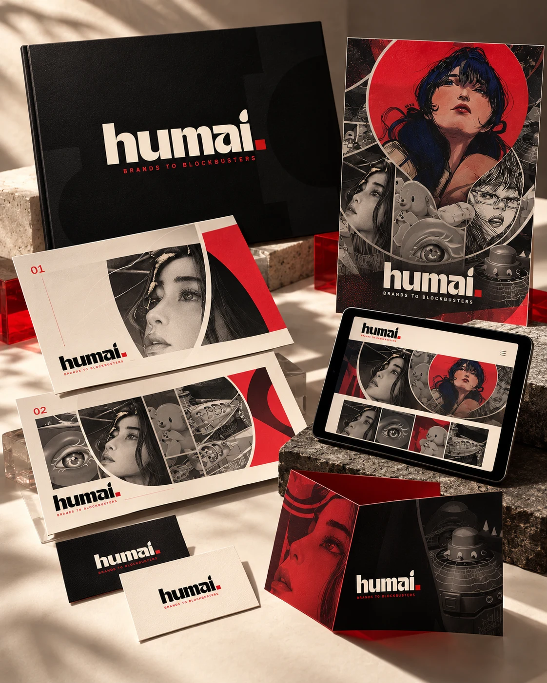 HUMAI presentation, print, poster and tablet applications arranged together