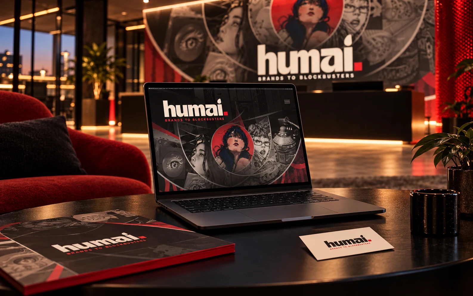 HUMAI website presented on a laptop inside its branded studio environment