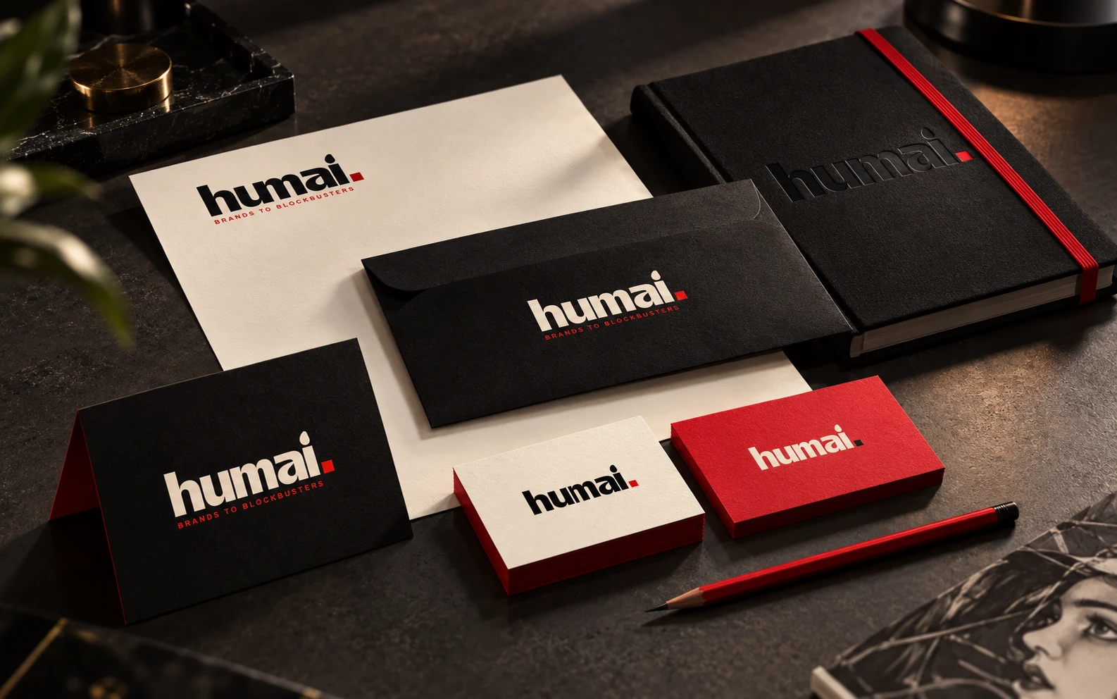 HUMAI stationery suite in black, cream and red