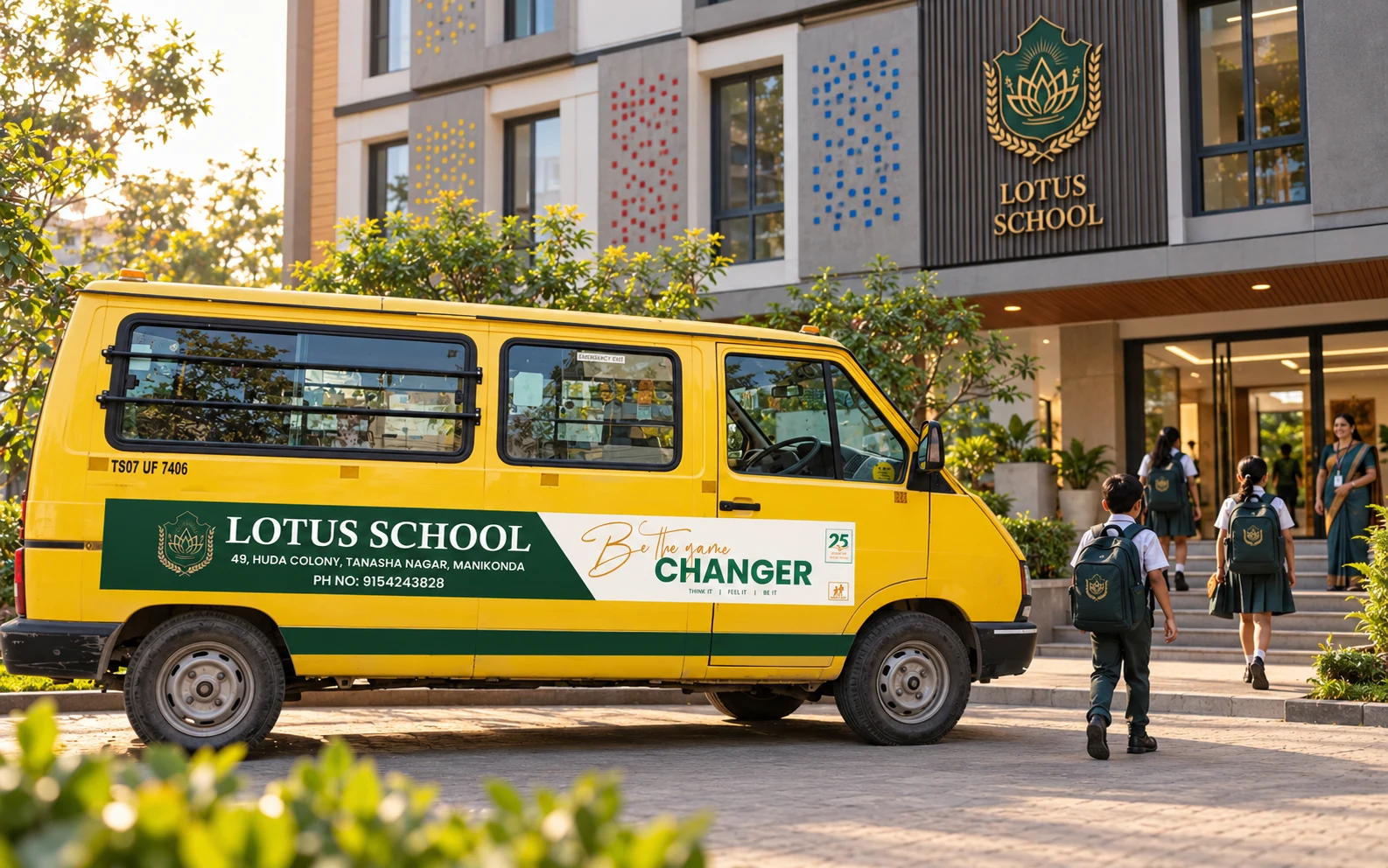 Lotus School transport branding outside the campus