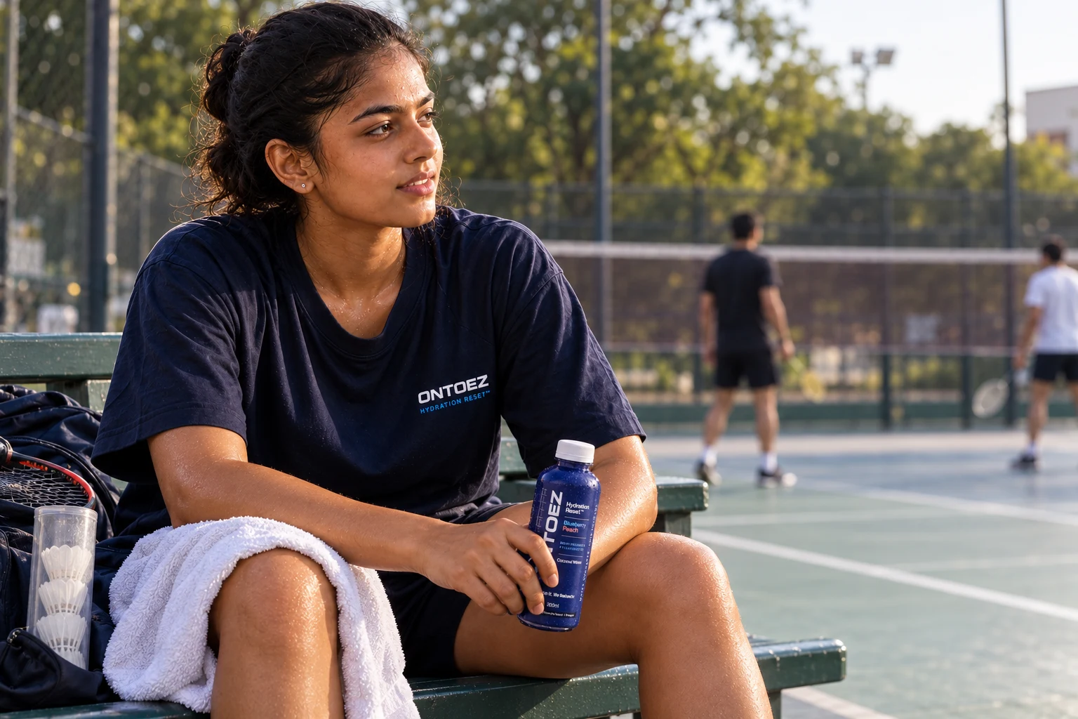 Athlete naturally holding an ONTOEZ bottle after training