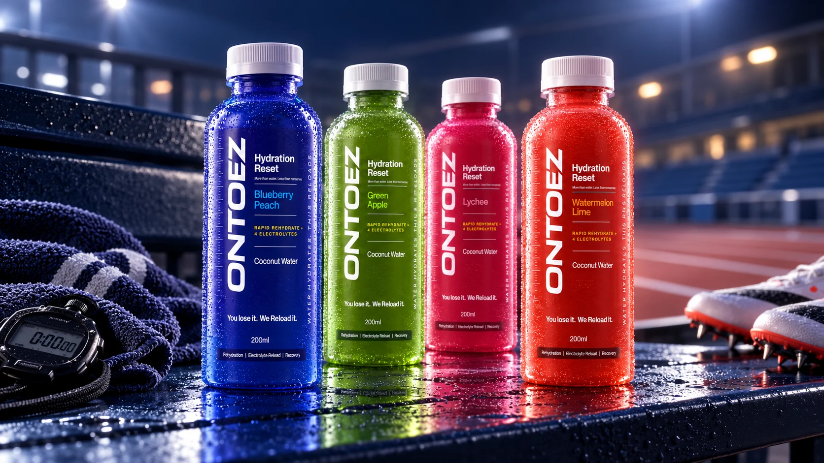 Four ONTOEZ hydration flavours photographed beside a wet athletics track